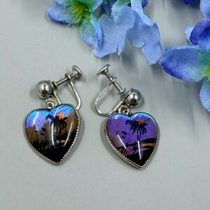 Vintage Morpho 🦋 Heart Shaped Tropical Sunset Clip-On Earrings - Butterfly Wing